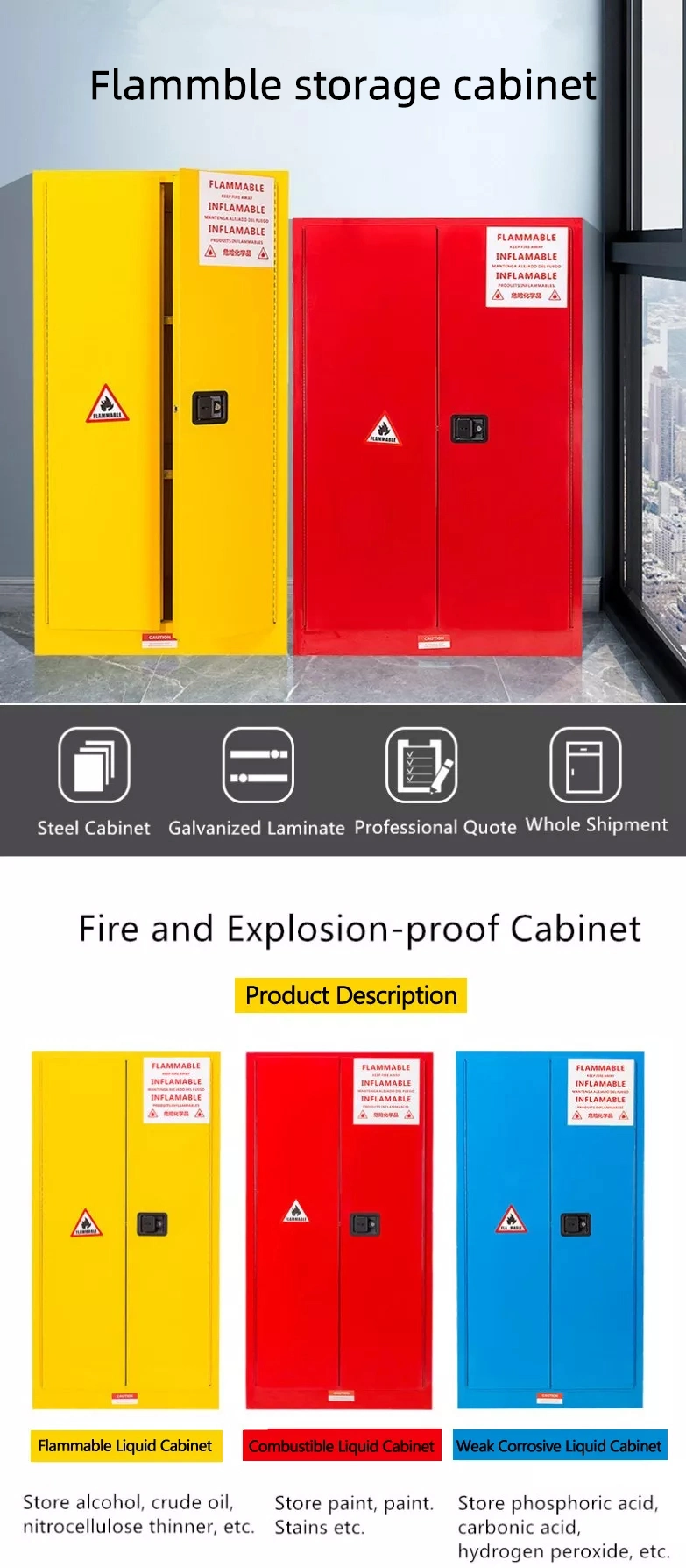 Two Layers Steel Flammable Storage Cabinet Chemistry Lab Yellow Flammable Safety Cabinet