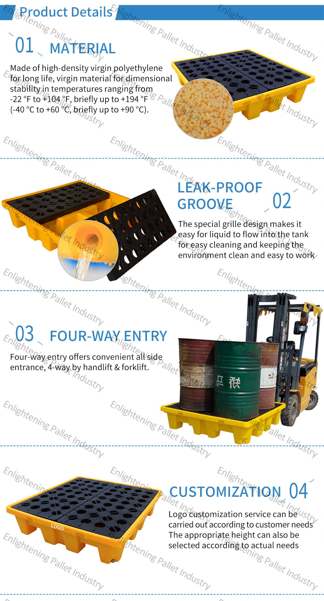 Heavy Duty Large Durable Single Side 4 Way Entry Flooring Ground Use Leakproof Industrial 4/2 Drum Oil Containment Control Recycle Plastic Spill Pallet