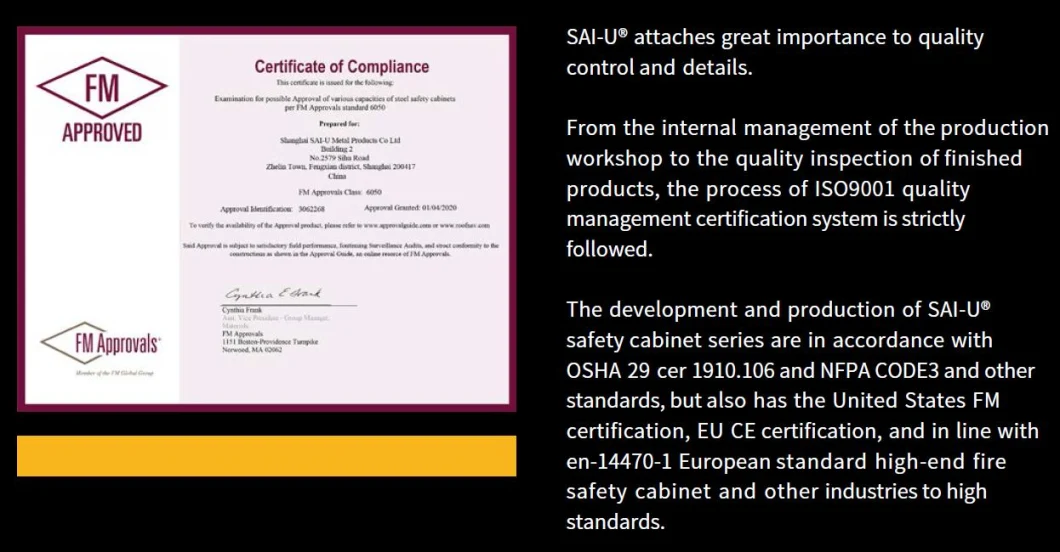 Factory Custom Sai-U Fireproof Safety Storage Cabinet for Flammable Liquids Hazardous Substance Storage